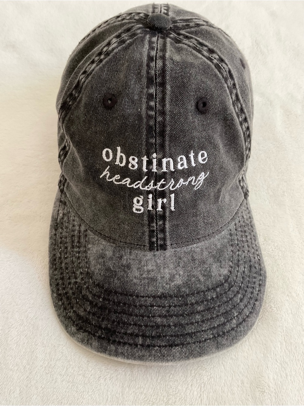 Jane Austen “Obstinate Headstrong Girl” Washed Black Denim Hat Pride & Prejudice